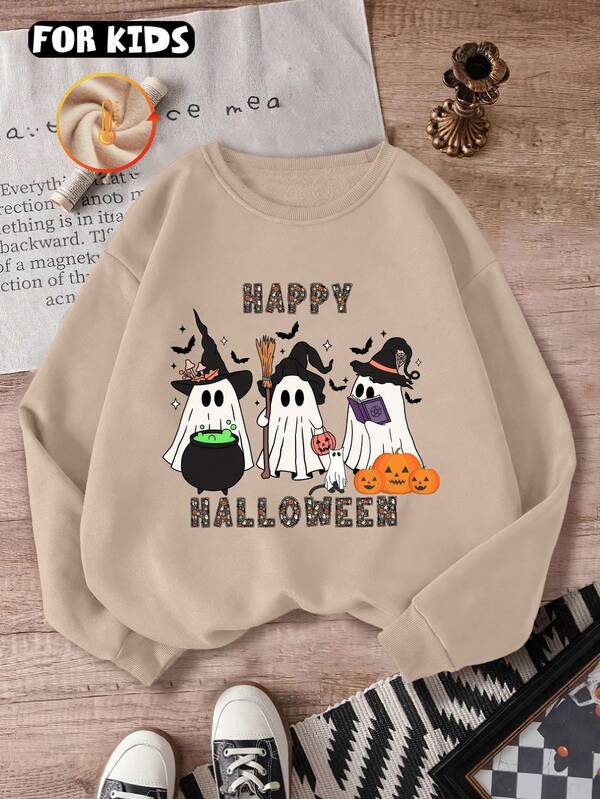 Halloween-Thema, Geisterzauberer-Muster und "Happy Halloween"-Schriftzug-Aufdruck, minimalistischer, übergroßer College-Stil für Jungen/Mädchen, weicher und bequemer Sport-Rundhalsausschnitt, süßer, hübscher, vielseitiger Street-Langarm-Pullover mit Baumwoll-Sweatshirt