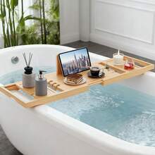 Retractable Bamboo Bathtub Caddy,Bathroom Caddy For Bathside Entertainment & Storage,Bathroom Tray For Tub Side Dining & Device Viewing, Minimalist Look
