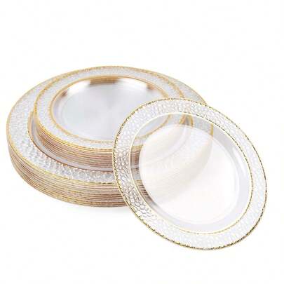 50/25/12/7 pezzi Piatti trasparenti con bordo dorato, eleganti piatti per insalata, piatti per dolci, piatti per torta, misure 7,5"/10,25", riutilizzabili, adatti per uso esterno, feste di compleanno, matrimoni, Natale, Ringraziamento e altre festività