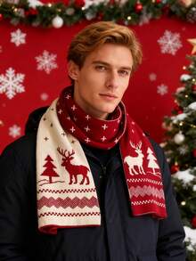 1 pieza Bufanda con tema navideño, bufanda roja con diseño de árbol de Navidad y renos, regalo de vacaciones navideñas