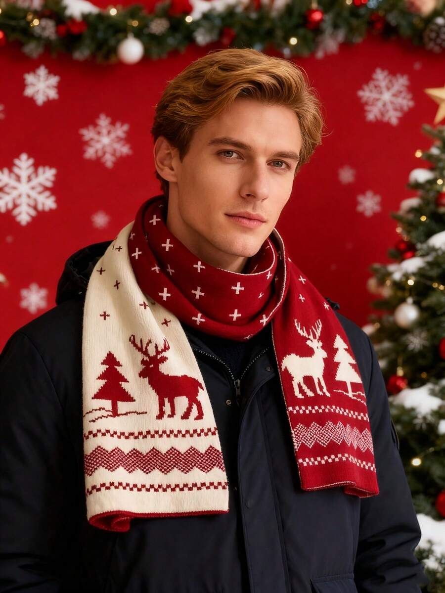 1 pieza Bufanda con tema navideño, bufanda roja con diseño de árbol de Navidad y renos, regalo de vacaciones navideñas