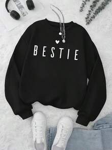 1pc MEN'S Casual Crew Neck Polyester Hoodie With BESTIE Letter Print, Drawstring Hooded Sweatshirt, All-Season Knit Fabric, Fashionable Patterned Pullover,Fall Hoodies,Men's Fall Clothes,Street Wear,Halloween,Mens Hoodies,Y2k Clothes,Jesus Hoodie,Thanksgiving Day,Nightmare Before Christmas,Christmas - Black - View 1