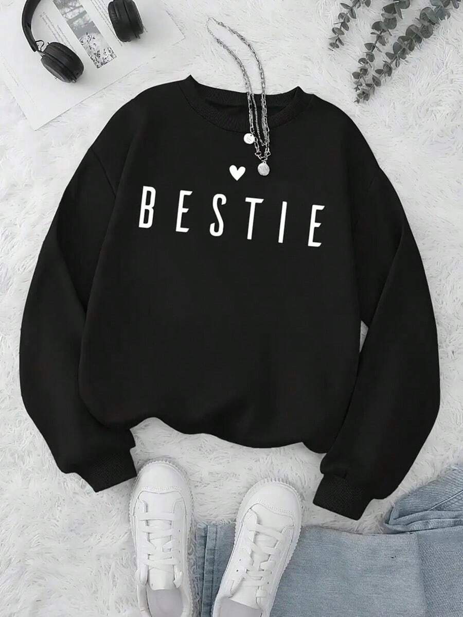 1pc MEN'S Casual Crew Neck Polyester Hoodie With BESTIE Letter Print, Drawstring Hooded Sweatshirt, All-Season Knit Fabric, Fashionable Patterned Pullover,Fall Hoodies,Men's Fall Clothes,Street Wear,Halloween,Mens Hoodies,Y2k Clothes,Jesus Hoodie,Thanksgiving Day,Nightmare Before Christmas,Christmas - Black - View 1