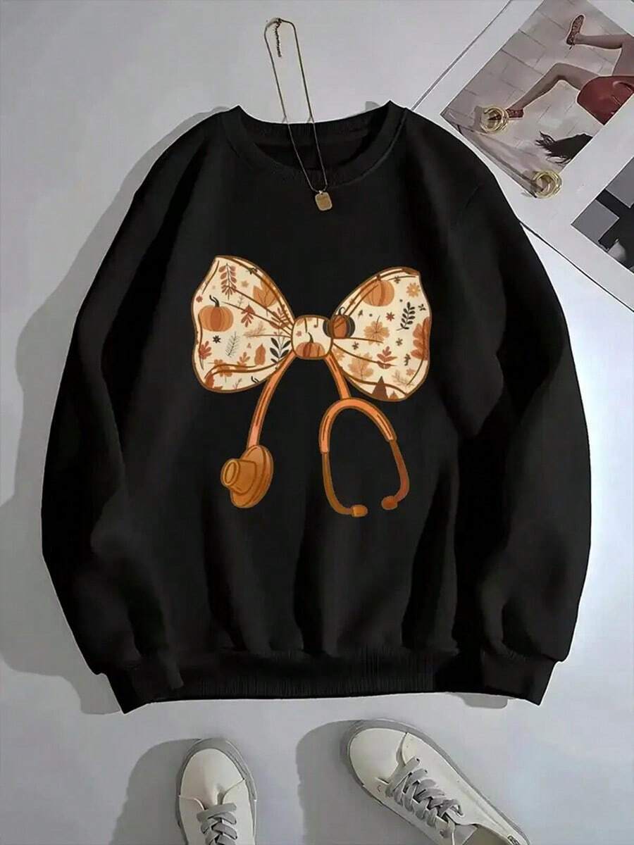 MEN's Dark Green Sweatshirt- Theme Pattern Pullover, Stethoscope And Bow Design,, Comfortable Clothing, Loose Fit, Durable Fabric, Fashionable Hoodie, Breathable Material, Crew Neck Pullover,Fall Hoodies,Men's Fall Clothes,Street Wear,Halloween,Mens Hoodies,Y2k Clothes,Jesus Hoodie,Thanksgiving Day,Nightmare Before Christmas,Christmas - 黑色 - 查看 1