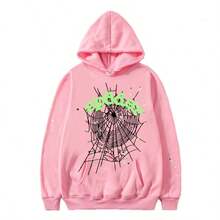 Women's Pink Long Sleeve Hooded Casual Sweatshirt Spiderweb Graphic Top With Drawstring And Pocket Details - 淺粉紅色衛衣 - 查看 2