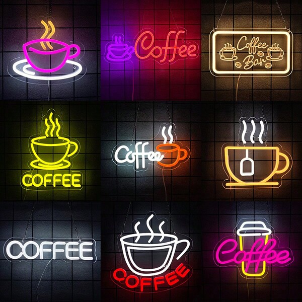 Letrero de neón de café, letrero de taza de café LED, letrero de arte de pared comercial de barra de café colgante, luz de neón, señal de café con luz LED alimentada por USB brillante para accesorios de barra de café, cafetería, rincón de café, restaurante, fiestas, cumpleaños, decoraciones del hogar, fácil de instalar.