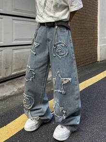 Justice Brother 1pc Korean Style Niche Fashion Personalized Patchwork Embroidery Men's Denim Jeans Casual Loose Wide Leg Long Pants (Belt/Accessories Not Included) - Blue - View 4