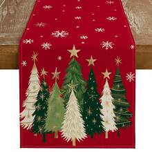 1pc Christmas Table Runner, Christmas Tree & Snowflake Winter Holiday Decor, Farmhouse Dining Table Decoration, 100% Polyester Linen-Like, Suitable For Kitchen, Dining Table, Coffee Table, Holidays, Parties, Weddings - Red - View 1