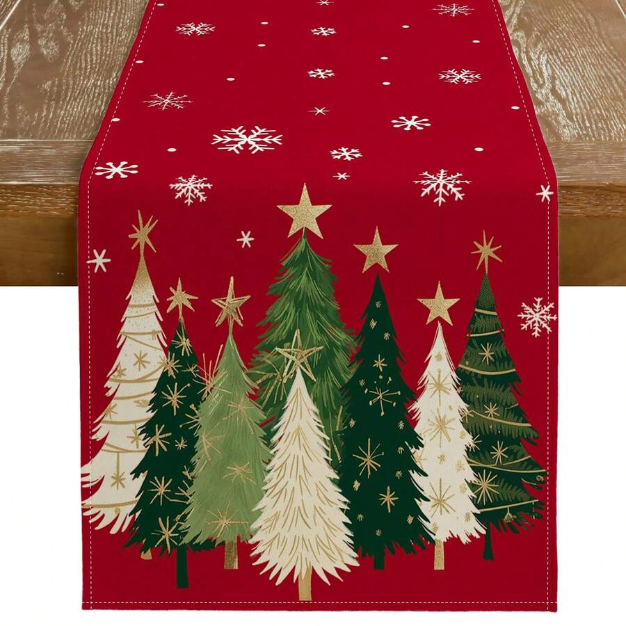 1pc Christmas Table Runner, Christmas Tree & Snowflake Winter Holiday Decor, Farmhouse Dining Table Decoration, 100% Polyester Linen-Like, Suitable For Kitchen, Dining Table, Coffee Table, Holidays, Parties, Weddings - Red - View 1