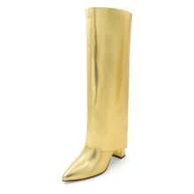 lunryet Knee High Boots Women Fold Over Knee High Boots Chunky High Heels Long Boots Zipper Pointed Toe Dress Tall Boots For Women SHAFT-1 - 金色 - 查看 1