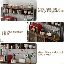 Industrial Rustic Coffee & Wine Bar Cabinet, Kitchen Buffet Sideboard With Liquor Storage, Brown Wooden Bar Organizer