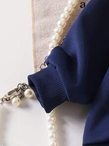 2 件套女童休闲学院风字母印花翻领运动衫和百褶裙套装，春秋季 - 藏蓝色 - 查看 7