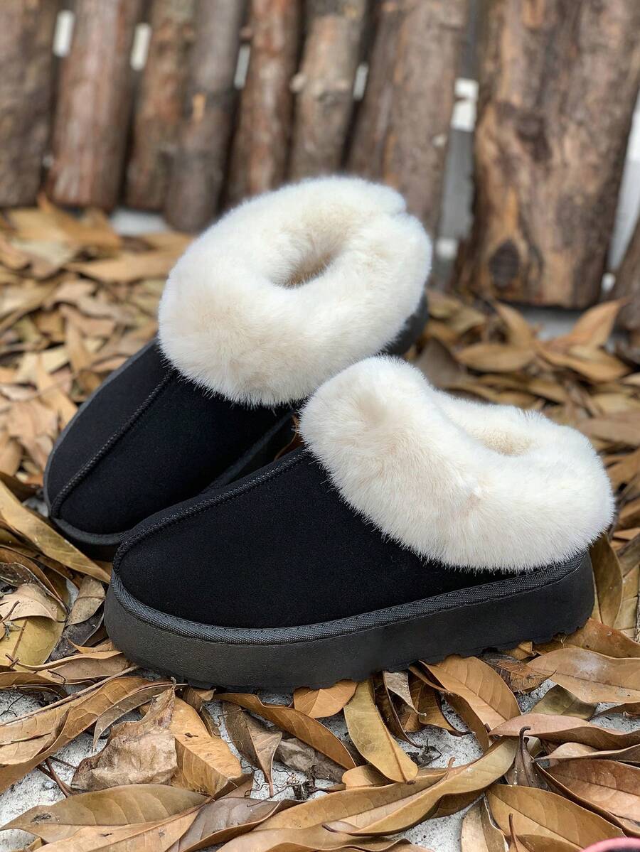 Dép đi tuyết lông, Giày bốt đế dày giữ ấm mũi chân ngoài trời/trong nhà mùa thu/đông mới - màu đen - Xem 1