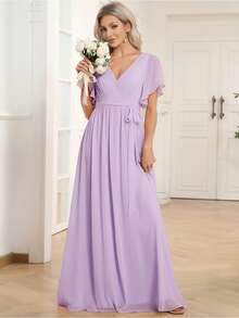 Bridesmaid Long Dress, Short Ruffle Sleeves, Deep V-Neck, Chiffon Fabric, Pleated Design, Tie-Up Style - Mauve Purple - View 5