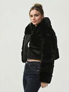 Women's Stylish Black Faux Fur Cropped Hooded Jacket With Long Sleeves And Zipper Detail For A Chic Winter Look