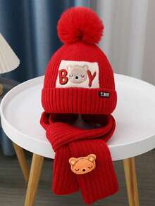 2pcs Teddy Bear Knit Hat & Scarf Set, Thick Warm Knitted Beanie, Suitable For Outdoor Use In Winter, Holiday Outfit, Comfortable Winter Holiday, Washable, Warm Fabric, Winter Accessory, Holiday Outfit Autumn Decor