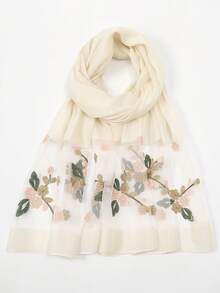 1条女士优雅镂空仿珍珠格纹真丝围巾，纯色披肩，休闲头巾/颈巾，适合秋冬季日常佩戴，可作连衣裙配饰。