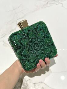 1pc Green Double-Sided Rhinestone Elegant Box-Shaped Evening Clutch Bag, Suitable For Formal Occasions Like Banquet, Wedding, Party, Fashion Handbag, Crossbody Chain Bag