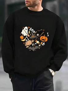 Men's Halloween Graphic Print Sweatshirt - Spooky Ghosts, Bats, Pumpkins & Witches Hat Design, Beige With Black & Orange Casual Round Neck Long Sleeve Pullover For Fall Winter Parties & Casual Attire,Fall Hoodies,Men's Fall Clothes,Street Wear,Halloween,Mens Hoodies,Y2k Clothes,Jesus Hoodie,Thanksgiving Day,Nightmare Before Christmas,Christmas - màu đen - Xem 1