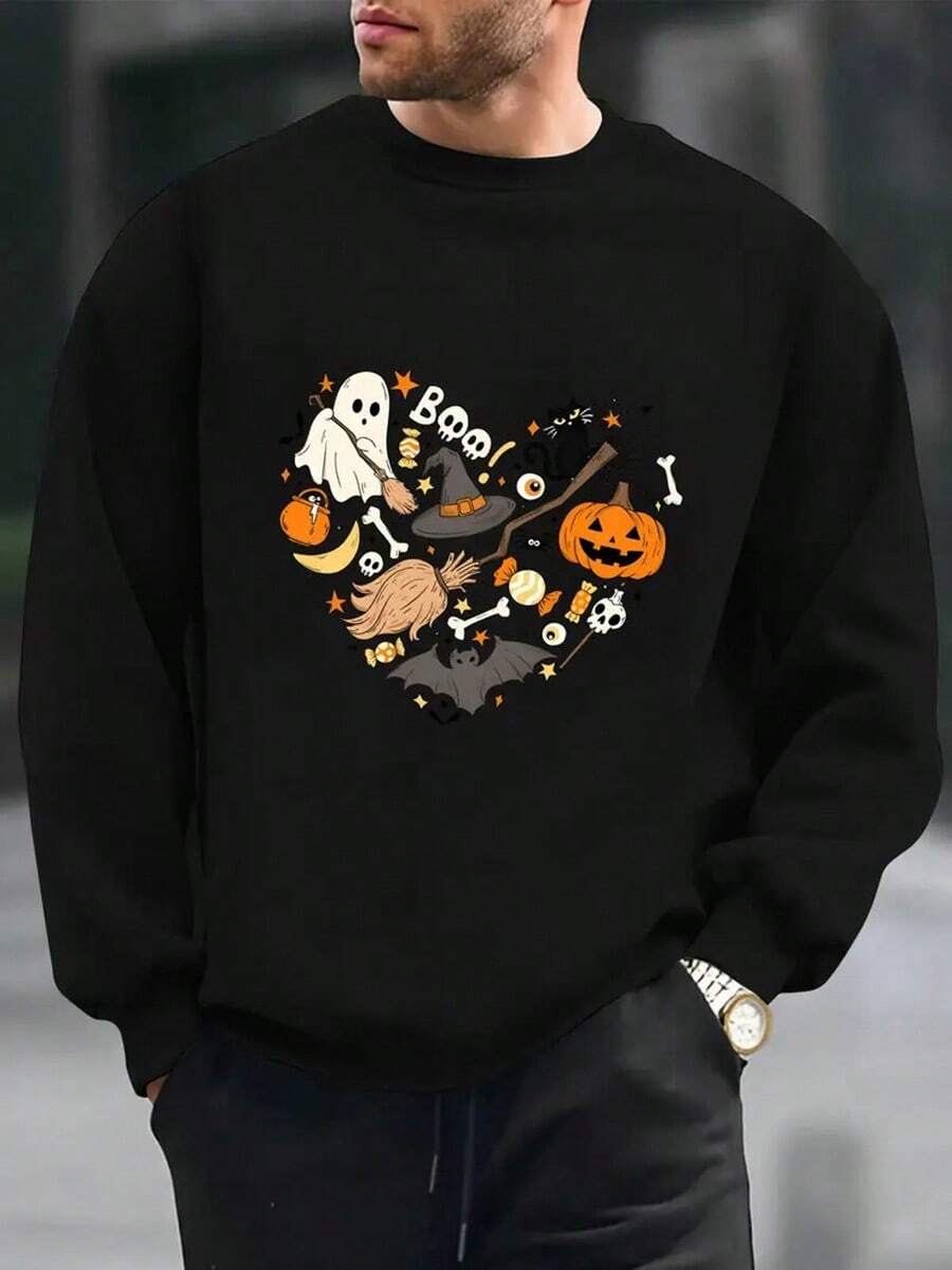 Men's Halloween Graphic Print Sweatshirt - Spooky Ghosts, Bats, Pumpkins & Witches Hat Design, Beige With Black & Orange Casual Round Neck Long Sleeve Pullover For Fall Winter Parties & Casual Attire,Fall Hoodies,Men's Fall Clothes,Street Wear,Halloween,Mens Hoodies,Y2k Clothes,Jesus Hoodie,Thanksgiving Day,Nightmare Before Christmas,Christmas - màu đen - Xem 1