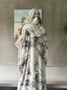 2pcs Elegant Minimalist Watercolor Floral Print Bathrobe With Headscarf, Suitable For Vacation, Beach, Party, Black Spring Wear - Black - View 2
