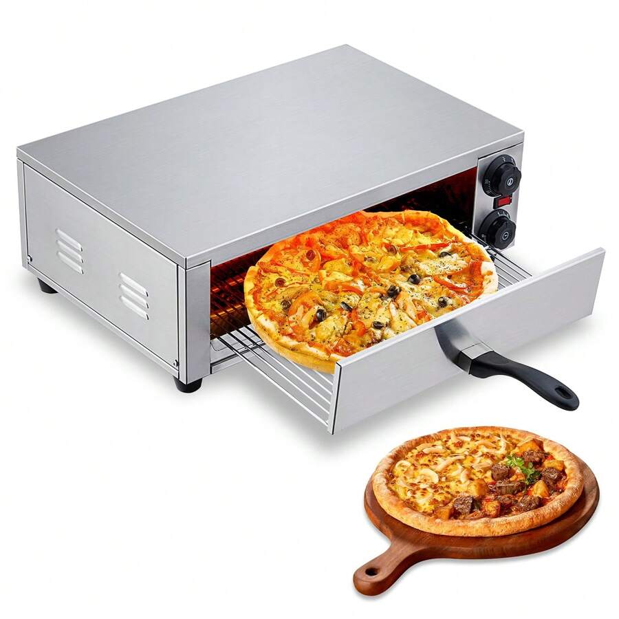 Horno eléctrico de pizza para interior, encimera de 16 pulgadas, horno comercial de pizza con parrilla para parrilla, bandeja para migas, mango y almohadillas para orejas para pies - Plateado - Ver 1