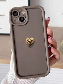 1pc Luxury 3D Golden Heart Soft Silicone Phone Case, Compatible With IPhone 17/17Air/17Pro/17ProMax/16/16ProMax/16Pro/16Plus/XR/15/14 Pro Max/12/13 Pro/11, Candy Color Shock-Proof And Anti-Fall Full Protection,International Version, Not The Domestic Version - Brown - View 2