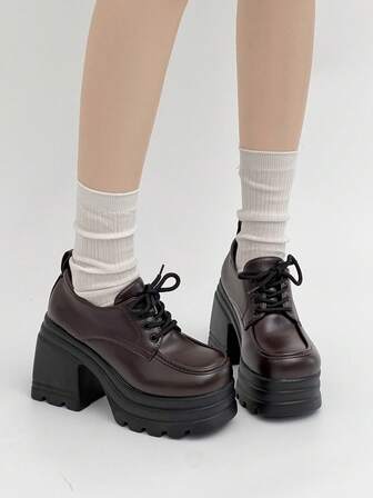10cm Super High Heel Brown Thick Sole British Style Leather Oxfords, Chunky Heel Waterproof Platform Mary Jane Loafers, Versatile Lace-Up Flats