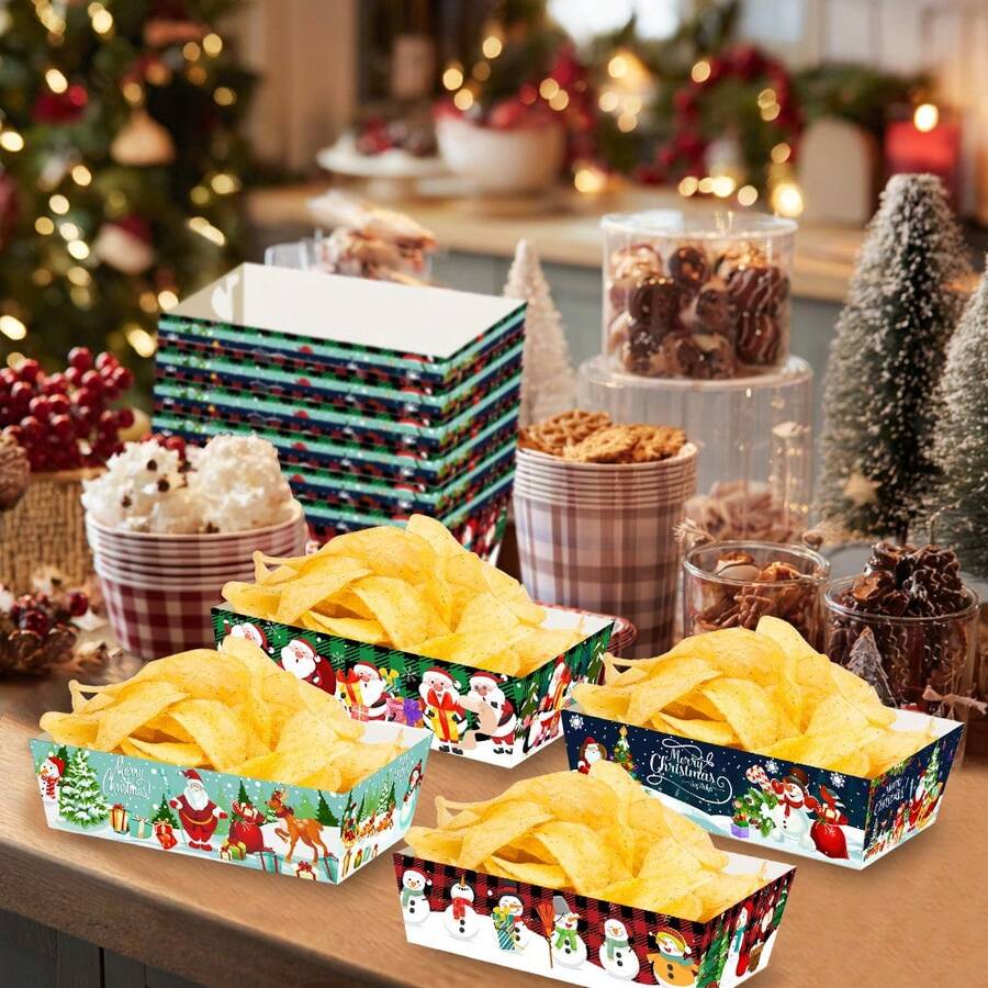 6 piezas, Bandeja para aperitivos de noche de película navideña - Barco de papel para aperitivos con diseño de Papá Noel y muñeco de nieve, apto para palomitas de maíz, dulces y patatas fritas - Suministros para fiestas navideñas y cumpleaños, decoraciones navideñas, ideal para Navidad (estilo aleatorio) - Multicolor - Ver 1