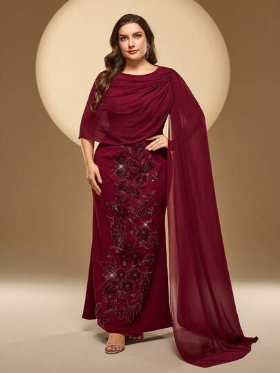 Scialle in chiffon di colore unito con scollo rotondo e senza maniche, con nappe, per taglie forti. Elegante abito lungo con ricami, decorazioni floreali e strass, in tessuto morbido adatto per feste, banchetti ed eventi serali.