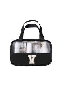 1pc Transparent PVC Makeup Bag, Multifunctional Letter Travel Pouch, Waterproof Letter Bag With Minimalist Letter Stickers, Large Capacity Toiletry Bag, Travel Organizer, Cosmetic Bag, Beach Bag, Travel Essentials, Student Supplies, Dorm Necessities, Bathroom Storage, Home Decor, Gift For Girlfriend, Teacher, Mom, Girlfriend, Halloween Gift, Christmas Gift, Autumn/Winter Essential, Autumn Decor, Bedroom Decor