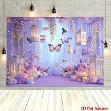 Fondo de fotografía rectangular de estilo bohemio con mariposas, de material de poliéster, con fondo morado, adecuado para cumpleaños y bodas