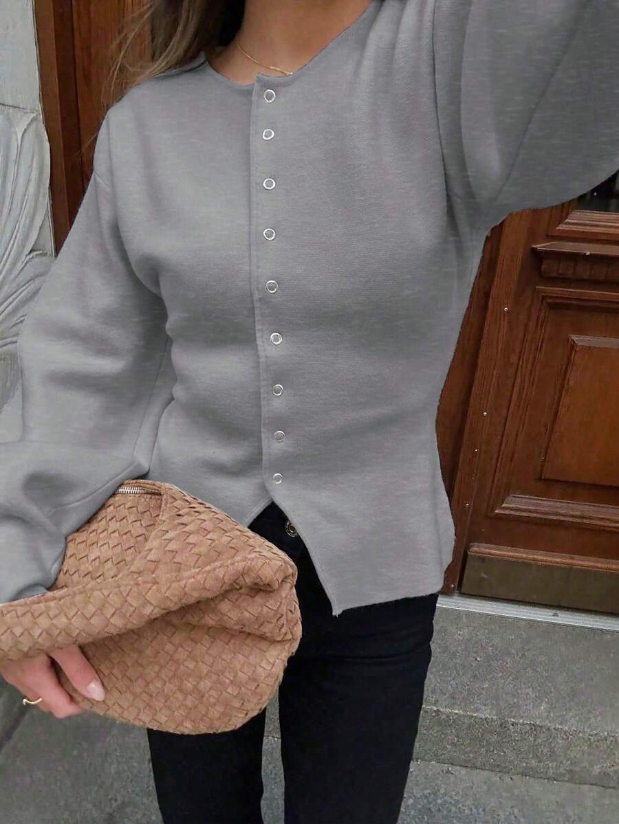 女装秋冬新款法式浪漫休闲百搭简约优雅针织开衫 - 淺灰色 - 查看 1