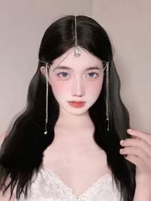 1件银色链条简约水晶额饰流苏头饰，仙气异域风情，适合女性日常及节日佩戴，发饰，头链，发饰