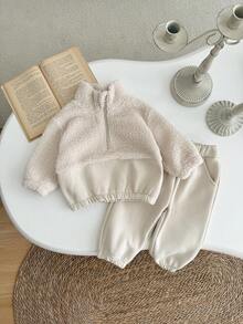2pcs/Set Baby Boys/Girls Casual Color Block Sherpa Fleece Zip-Up Hoodie And Pants Thick Warm Set, Winter - Apricot - View 4