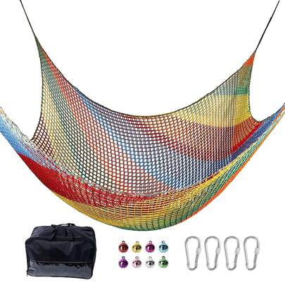 3x3m Garden Climbing Net With Storage Bag, 8 Bells & 4 Carabiners