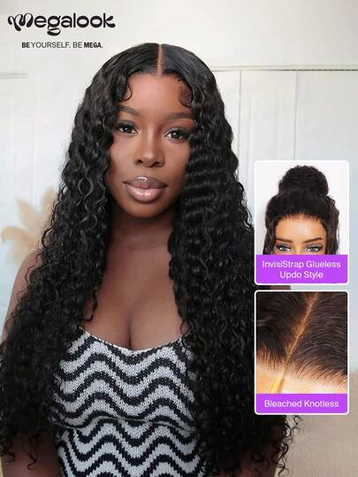 MEGALOOK 360 蕾丝深波浪蕾丝前假发，带隐形拉绳 - 透明蕾丝隐形结，预拔自然发际线，拉出式预全无胶假发卷发假发轻质可调节透气帽，全天舒适 - 100% 处女雷米头发，180% 密度，极少脱落，适合日常使用的头发，圣诞节部分头发，度假准备，周日最佳发型，婚礼风格，返校约会之夜，华丽假发