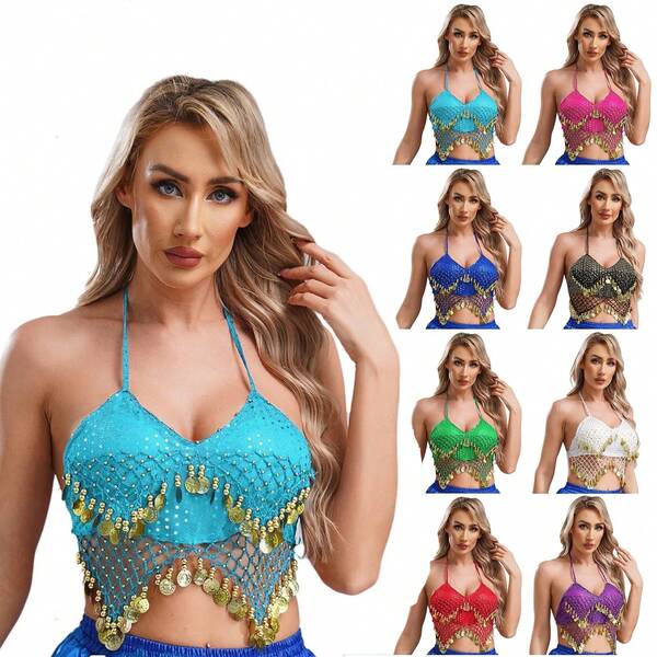 1pc New Sequin Belly Dance Fringe Crop Top, Dance Performance Costume, Suitable For Halloween, Carnival, Street Style, Party, Stage Show, Disco