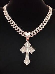 1pc Fashion Creative Cross Shaped Pendant With 13mm Miami Cuban Chain, Men's Hip Hop Rock Street Style Cross Pendant Necklace, Punk Necklace Suitable For Daily Wear Or Party, Valentine's Day Gift, 2 Chain Options - Silver - View 10