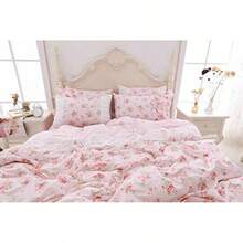 Romantic Roses Print Duvet Cover Set With Bed Skirt Pink Lace Ruffle Floral Shabby Chic King 4 Piece Bedding Set - 粉色 - 查看 5