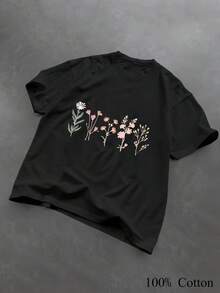 1PC 100% Cotton Vintage Floral Print Casual Lady Short Sleeve TShirt Chic Botanical Graphic Tee Top for Women - Negro - Ver 1