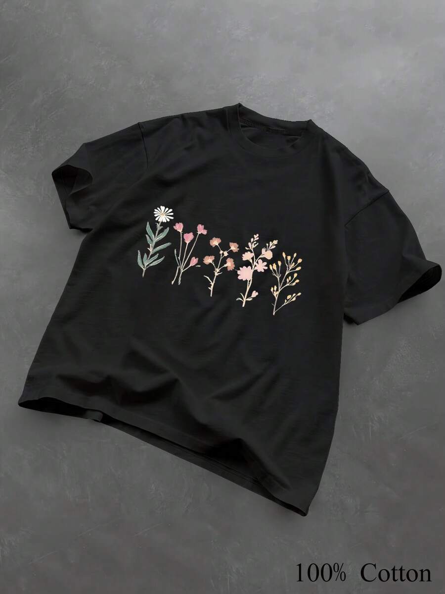 1PC 100% Cotton Vintage Floral Print Casual Lady Short Sleeve TShirt Chic Botanical Graphic Tee Top for Women - Negro - Ver 1