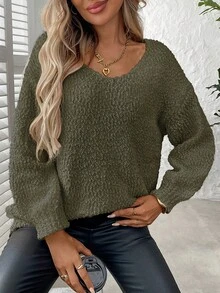 Plus Size Solid Color Crew Neck Casual Long Sleeve Knit Sweater Vacation - Army Green - View 8