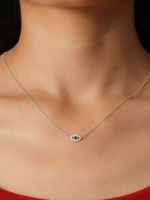 BALMORA 1pc Minimalist S925 Sterling Silver Evil Eye Necklace, Micro-Inlaid Clavicle Chain, Shiny Necklace, Jewelry Gift For Girlfriend, Suitable For Girls/Women/Girlfriend/Mother, Retro Party Date Gift, Daily Wear Birthday Gift - Silver - View 3