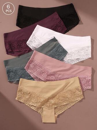 6pcs/Set Comfortable Lace Patchwork Sexy Women's Thong Panties
