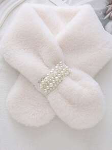 1件装女士保暖毛绒交叉珍珠加厚多功能围脖，冬季连衣裙适用