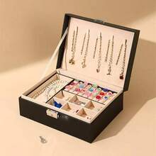 Schmuckkasten für Frauen, Schmuckaufbewahrungsbox, doppelstöckige Schmuckaufbewahrungsbox, aus PU-Leder, mit Schloss, geeignet für Ringe, Ohrringe, Halsketten und Armbänder von Frauen und Mädchen