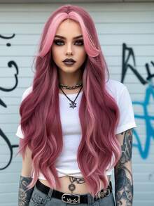 clouder Red Highlight Pink Extra Long Curly Wig 30 Inch Cosplay Wig Halloween Christmas Wig Elegant Soft Matte Hair Loose Curls Casual Outing Street Punk Wig Rock Wig Fluffy Natural Cool Girl Synthetic Heat-Resistant Fiber Wig Suitable For Women Daily Party Wig Music Festival Wig Avant-Garde College Style Wig Modern Fashion Gothic Wig - 挑染粉色 - 查看 2