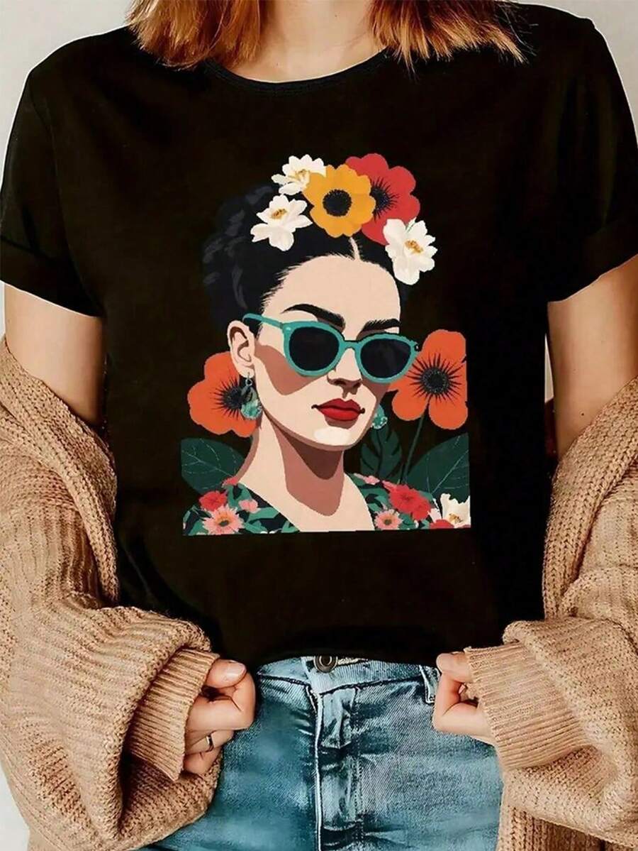 Playeras modernas juveniles estampadas con diseño artístico, cómodas y llamativas - Negro - Ver 1