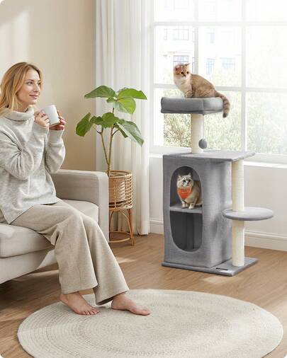 Feandrea Albero per Gatti con 2 Grotte, Tiragraffi, per Case con Più Gatti, Gattini, Grigio Chiaro
